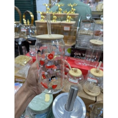 Picture of Official Fujiya Peko-chan Can Shaped Glass Tumbler Featuring Aesthetic Strawberry Graphics, Complete with Sustainable Bamboo Lid and Reusable Clear Glass Straw, Ideal 16oz Drinking Jar for Iced Coffee and Fruit Smoothies.-Multicolor
