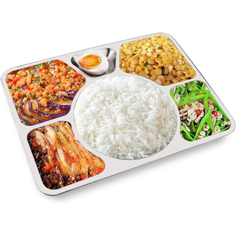 Picture of Stainless Steel Divided Plate, Dinner Snack Serving Plate with 6 Compartment, Metal Food Trays for Kids, Adults, Camping, Diet Food Portion Control, Picky Eaters  40cm X 30cm-Silver