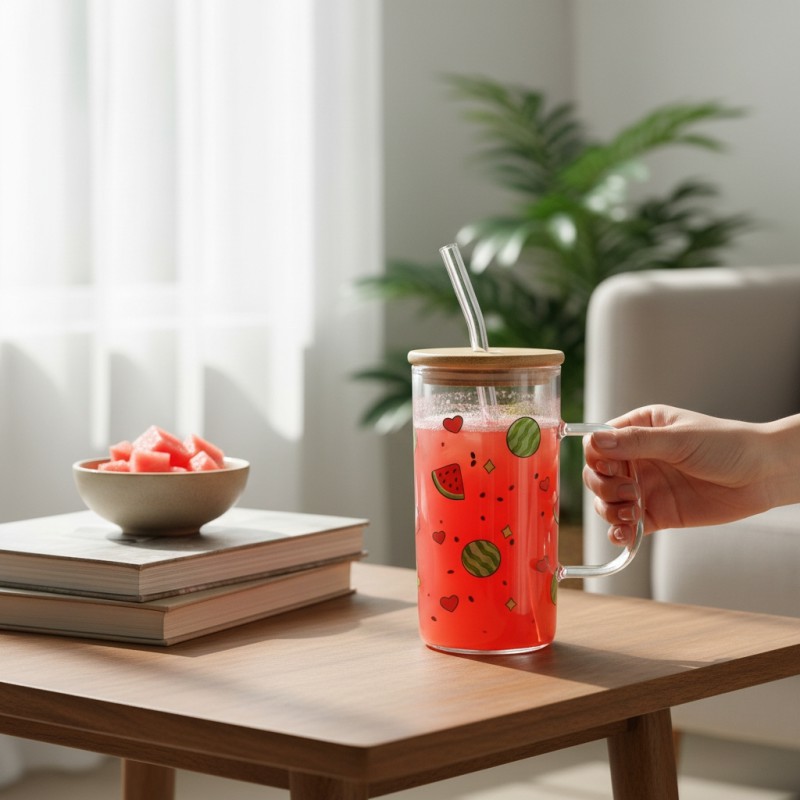 Picture of Premium Borosilicate Clear Glass Mug with Bamboo Lid & Reusable Straw, 15oz (450ml) Iced Coffee, Juice, Milk, & Tea Tumbler featuring Cute Watermelon Pattern, Heat-Resistant & Microwave Safe, Perfect Summer Drinkware Gift.-Multicolor