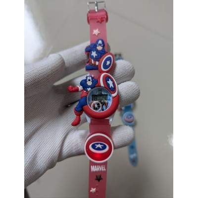 Picture of Marvel Captain America 3D Kids Digital Watch featuring Disco LED Flashing Lights and Built-in Music, Adjustable Pink Silicone Strap Superhero Character Wristwatch, Perfect Birthday Gift for Little Avengers Fans and Children.-Red