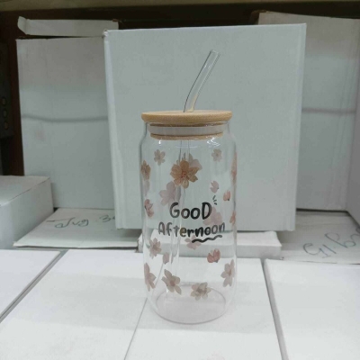 Picture of Can Shaped Drinking Glass with Printed Body – 1Pc 400ml Borosilicate Glass Cup with Bamboo Lid & Glass Straw – Microwave Safe, Scratch Resistant & Lightweight – Perfect for Iced Coffee, Coke, & More-Multicolor