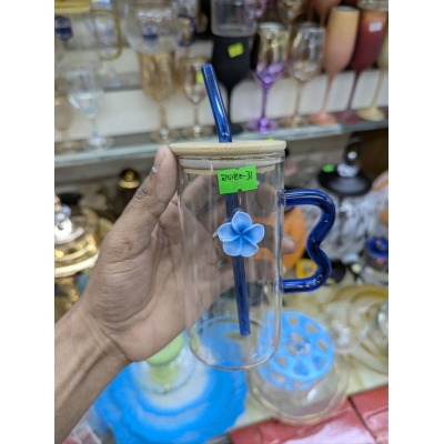 Picture of Premium Clear Square Glass Cup featuring Aesthetic Blue Wavy Handle with Natural Bamboo Lid and Matching Glass Straw, High Borosilicate Heat Resistant Transparent Drinking Mug for Iced Coffee, Juice, and Milk.-Multicolor