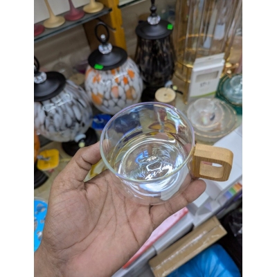 Picture of Premium Iridescent Rainbow Glass Coffee Mug crafted from high-quality borosilicate glass featuring a unique wooden handle and heat-resistant design perfect for enjoying hot tea, espresso, or cold beverages in style.-Multicolor