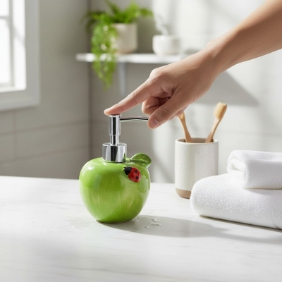 Picture of Premium green apple-shaped ceramic soap dispenser for bathroom vanity decor featuring a durable rust-proof pump and refillable liquid hand soap container designed to add a stylish touch to your modern kitchen sink.-Green