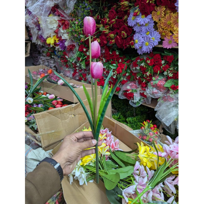Picture of Real touch artificial pink tulip spray with 3 heads for elegant home office decor, lifelike faux silk flowers arrangement, decorative spring floral stems for wedding bouquets, durable plastic greenery vase filler.-Multicolor