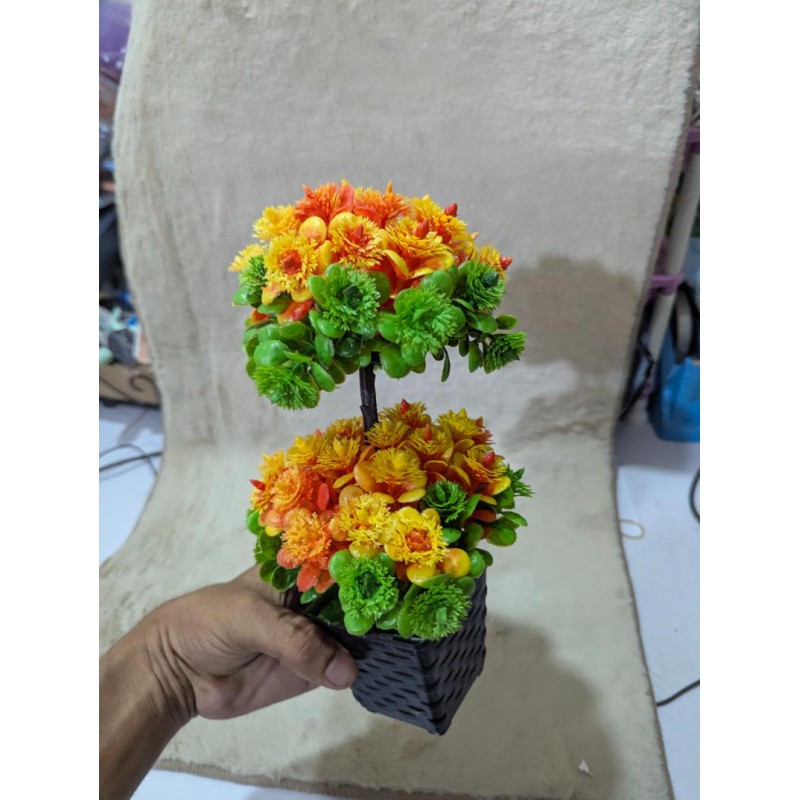 Picture of Vibrant 2-Head Artificial Flower Bonsai Tree in Black Decorative Pot for Home Office Desk and Tabletop Decor-Multicolor
