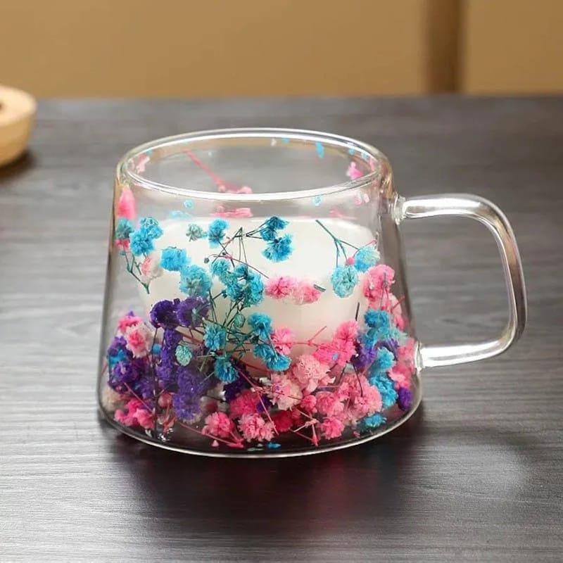 Picture of Glass Coffee Mugs | Insulated Glass Mugs with Handle | Layer Flowers Design Clear 180ml Coffee Cup for Tea Bag, Beverage, Latte, Cappuccino, Coffee-Multicolor