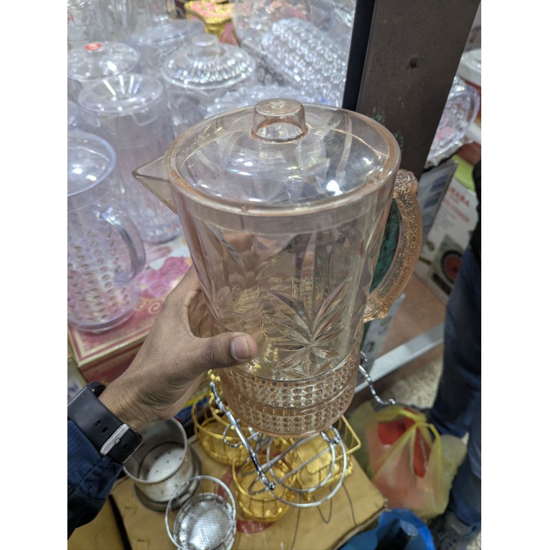 Picture of Durable Classic Crystal-Look 2L Plastic Water Jug with Lid | Premium BPA-Free Amber Beverage Pitcher for Kitchen Dining & Outdoor Entertaining | Stylish Hobnail Starburst Pattern Acrylic Design-Multicolor