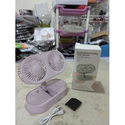 Picture of Double Motor Folding Table Top Fan Portable USB Rechargeable Mini Desk Fan with Three Speed Adjustable Airflow Dual Head Design for Home Office Study Bedroom Use Ultra Quiet Operation Pink Color-Multicolor