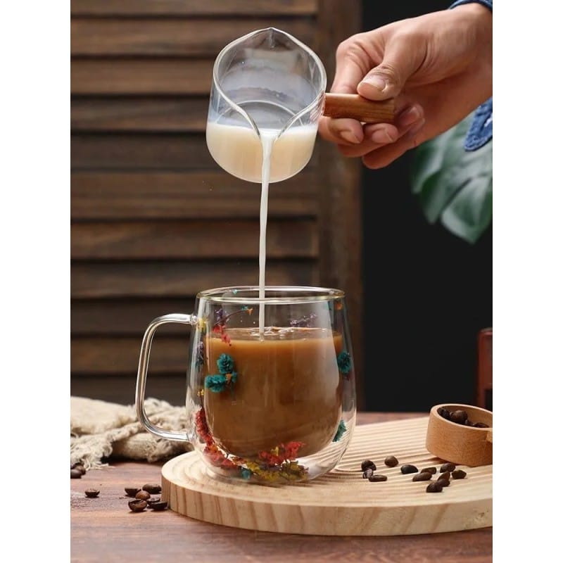Picture of Double Wall Clear Glass Coffee Mugs with Real Dried Flowers - Assorted Floral Designs, Insulated Square Handle Tea Cups, 300ml, Perfect for Latte, Cappuccino, & Iced Drinks-Multicolor