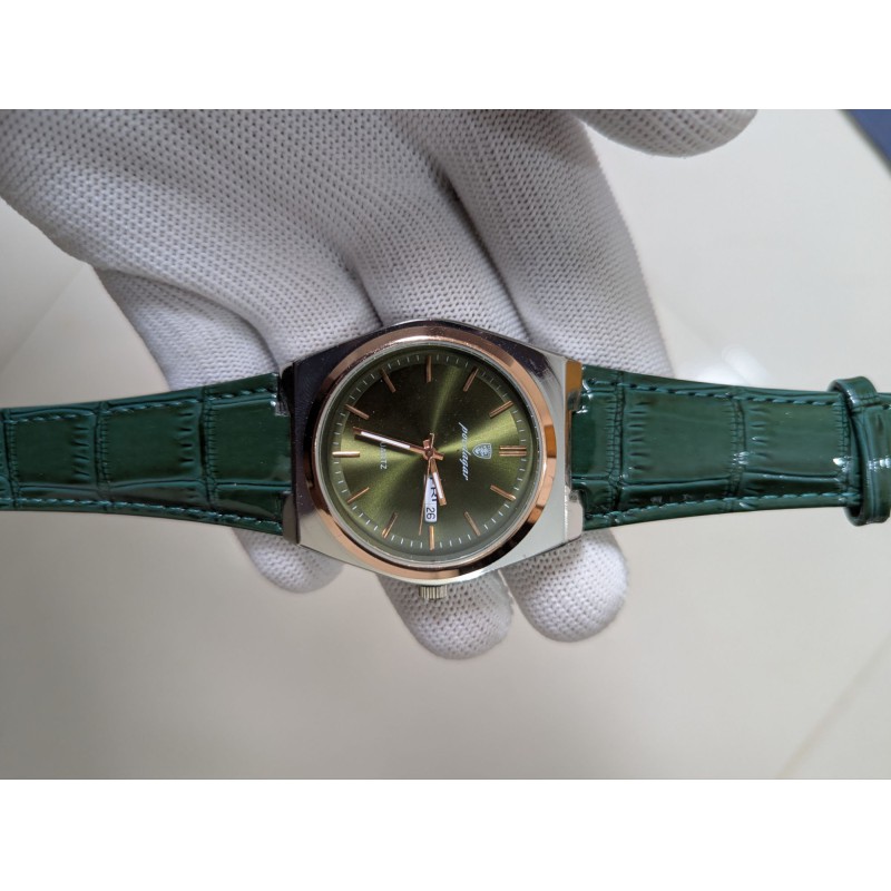 Picture of Men's Quartz Watch with Premium Green Leather Strap, Rose Gold Bezel, and Olive Green Dial Business Fashion Wristwatch Featuring Luminous Hands, Date Week Display, and Daily Water Resistance Features.-Green