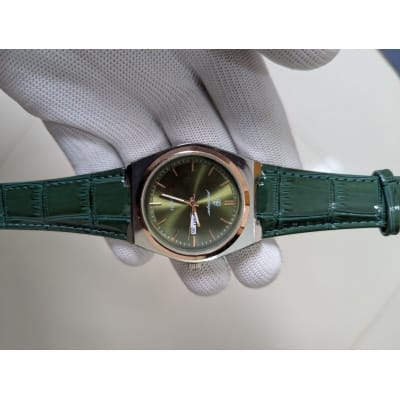 Picture of Men's Quartz Watch with Premium Green Leather Strap, Rose Gold Bezel, and Olive Green Dial Business Fashion Wristwatch Featuring Luminous Hands, Date Week Display, and Daily Water Resistance Features.-Green