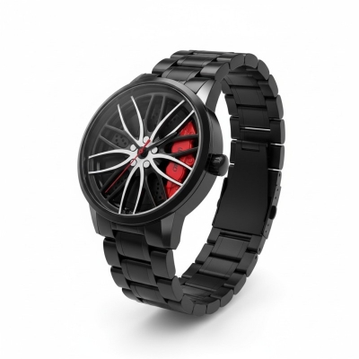 Picture of Exclusive Premium Men Luxury Car Wheel Hub Watch Stainless Steel Quartz Wristwatch Featuring Creative 3D Hollow Rotating Dial Design Waterproof Sports Military Style Perfect For Automotive Enthusiasts And Trendy Fashion Lovers Everywhere.-Black