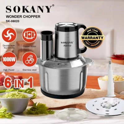 Picture of Buy Sokany SK-06019 Wonder Chopper 6-in-1 Food Processor in Bangladesh featuring 800W Copper Motor 3L Stainless Steel Bowl Double-Layer Four Blades for Meat Grinding Vegetable Chopping Blending Slicing and Easy Kitchen Prep-multiple