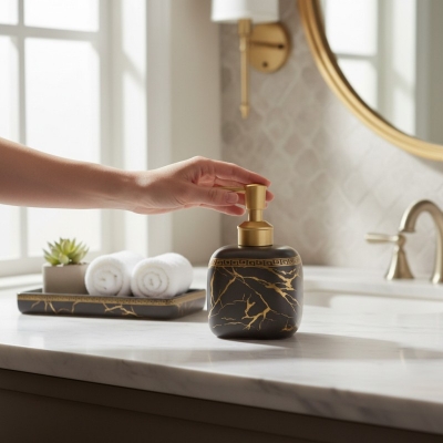 Picture of Luxury black marble ceramic soap dispenser featuring a stunning gold Greek key pattern around the neck and a premium gold pump perfect for enhancing your sophisticated bathroom vanity or modern kitchen decor.-black
