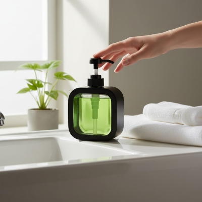 Picture of Modern Black square-shaped plastic soap dispenser featuring a clean exterior shell and a clear internal window for easy liquid level monitoring perfect for enhancing your bathroom vanity or modern kitchen sink decor.-black