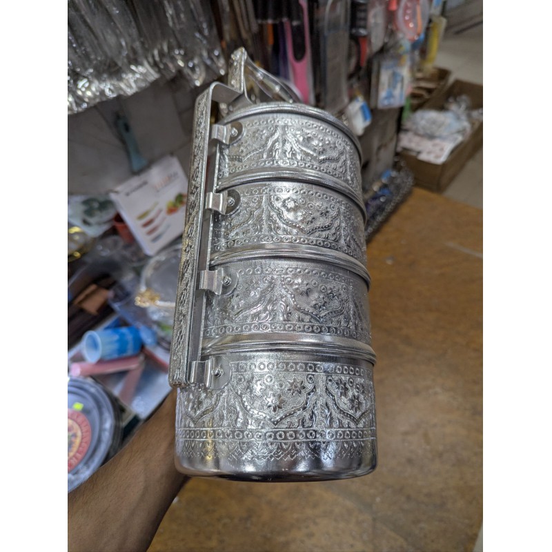 Picture of Vintage Thai Aluminum 4 Tier Tiffin Food Carrier Pin Toe Traditional Embossed Silver Color Multi Layer Lunch Box Ideal for Keeping Food Warm-Multicolor