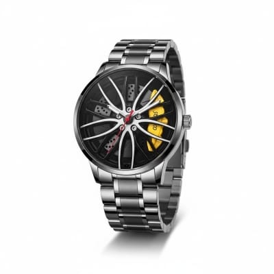 Picture of Creative Design Rotation Dial Watch For Men Features A Unique Car Wheel Rim Hub Design With Stainless Steel Band And 3ATM Waterproof Depth Perfect For Sports And Automotive Fashion Enthusiasts Worldwide.-Black