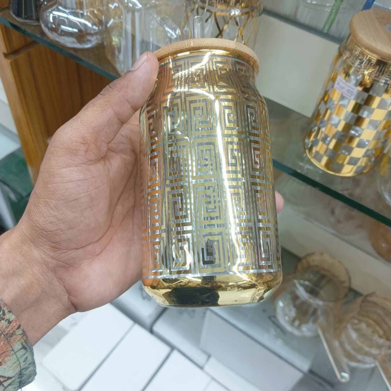 Picture of Printed Glass Tumbler with Lid – 1Pc 400ml Can Shaped Borosilicate Glass with Bamboo Lid & Glass Straw – Perfect for Coffee, Juice & More – Lightweight & Scratch Resistant-golden
