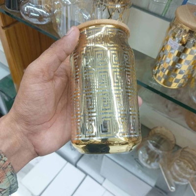 Picture of Printed Glass Tumbler with Lid – 1Pc 400ml Can Shaped Borosilicate Glass with Bamboo Lid & Glass Straw – Perfect for Coffee, Juice & More – Lightweight & Scratch Resistant-golden