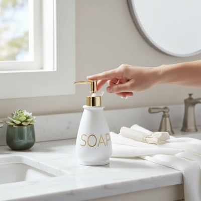 Picture of Luxury white glass liquid soap dispenser featuring a premium gold-colored pump and decorative SOAP gold lettering perfect for enhancing your bathroom vanity decor or modern kitchen sink countertop with elegant style.-white