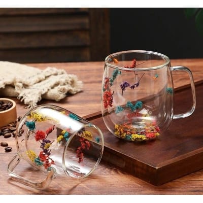 Picture of Double Wall Clear Glass Coffee Mugs with Real Dried Flowers - Assorted Floral Designs, Insulated Square Handle Tea Cups, 300ml, Perfect for Latte, Cappuccino, & Iced Drinks-Multicolor