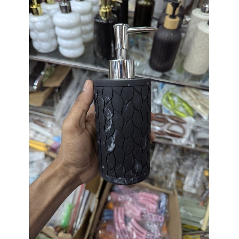 Picture of Premium Brooklyn Matte Black Polyresin Liquid Soap Dispenser with Chrome Pump and Textured Leaf Pattern for Bathroom Countertops, Kitchen Sinks, Hotels, Refillable Hand Wash Bottle, Durable and Stylish Home Decor Accessory-Black