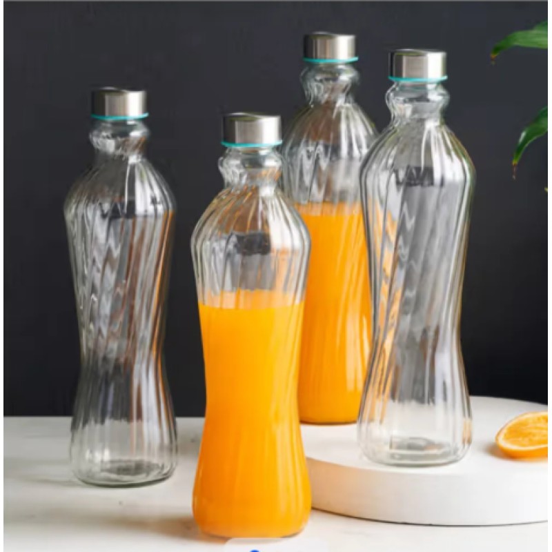 Picture of Convenient 1 Liter Twisted Glass Water Bottle with Silver Toned Cap – Solid & Clear for Portable Hydration, Travel & Daily Use.-Multicolor