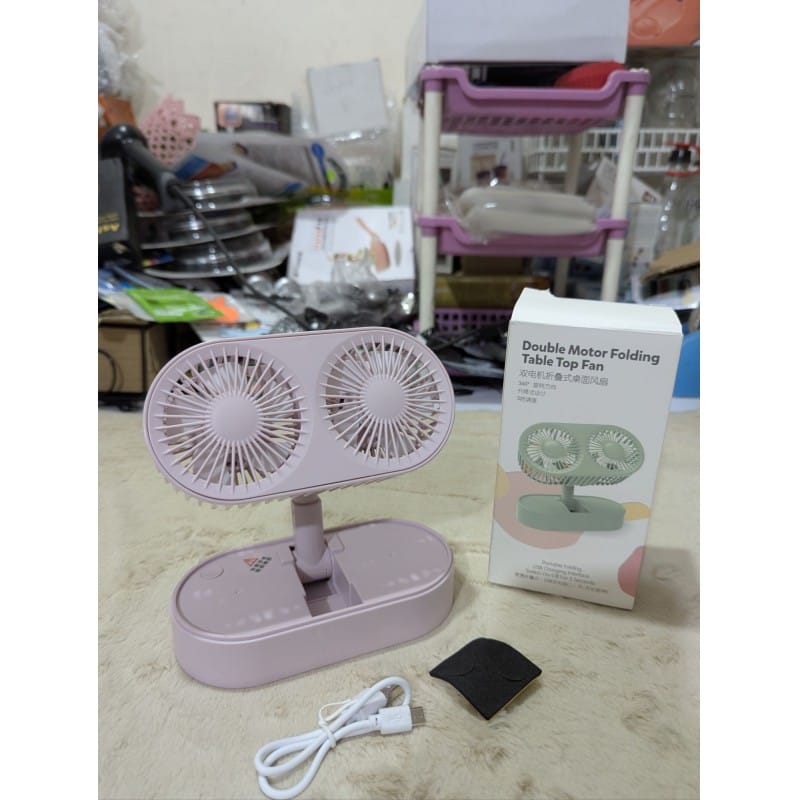 Picture of Double Motor Folding Table Top Fan Portable USB Rechargeable Mini Desk Fan with Three Speed Adjustable Airflow Dual Head Design for Home Office Study Bedroom Use Ultra Quiet Operation Pink Color-Multicolor