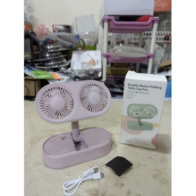 Picture of Double Motor Folding Table Top Fan Portable USB Rechargeable Mini Desk Fan with Three Speed Adjustable Airflow Dual Head Design for Home Office Study Bedroom Use Ultra Quiet Operation Pink Color-Multicolor