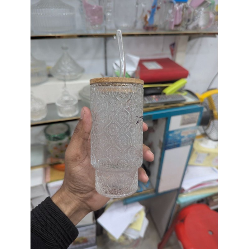 Picture of Premium Damask Embossed Clear Glass Tumbler with Eco-Friendly Bamboo Lid & Reusable Glass Straw for Iced Coffee, Juice, Smoothies, & Cold Beverages: Stylish BPA-Free 16oz Drinking Cup-Multicolor