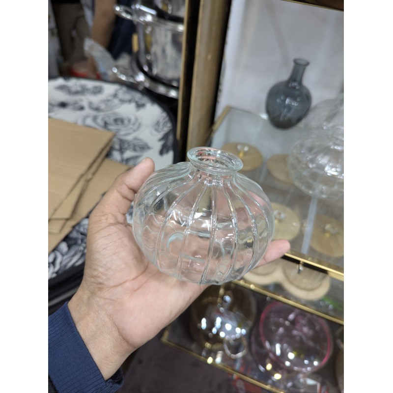 Picture of Elegant Clear Ribbed Glass Balloon Vase for Modern Home Decor Minimalist Round Bud Vase for Single Stems Hand Blown Decorative Glassware Centerpiece for Living Room Dining Table and Luxury Wedding Events.-Multicolor