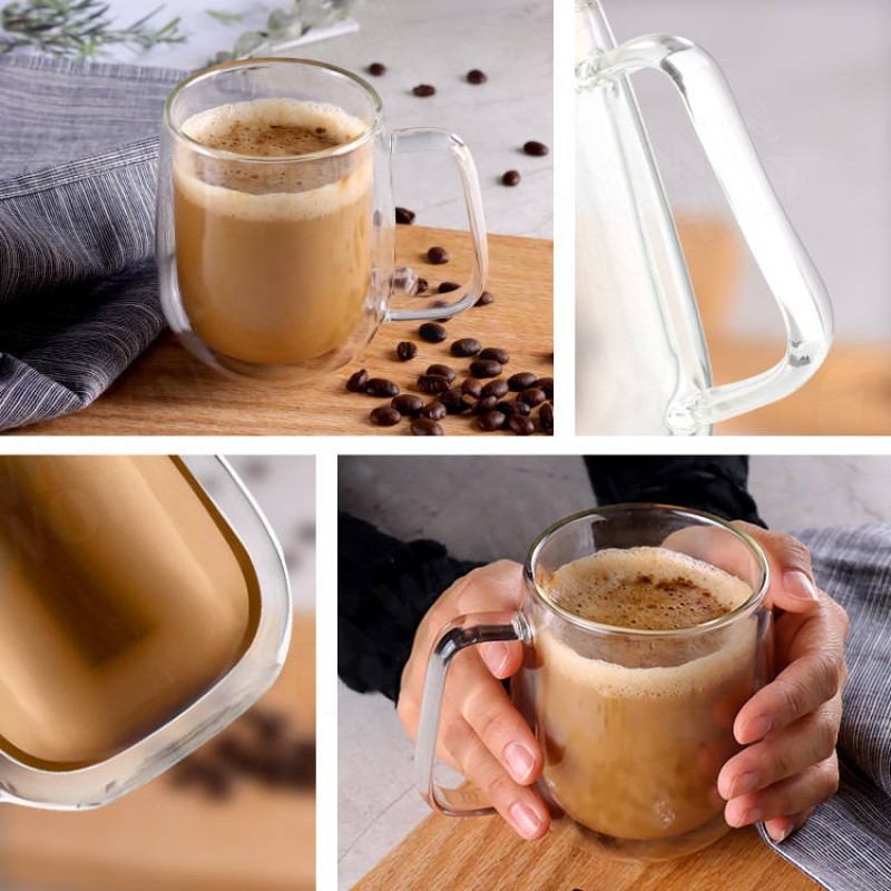 Picture of 1 Borosilicate Glass Coffee Mug Clear Drinkware Glassware Dinking Glasses Espresso Tumbler Iced Coffee Cups Tea Mug Double Wall Glass Cup with Handle 350 ml-Multicolor