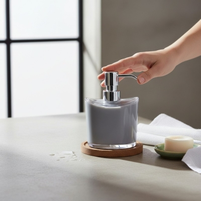 Picture of Premium multicolor manual soap dispenser made from durable acrylonitrile styrene plastic featuring a sleek chrome-finished pump and freestanding square design perfect for enhancing your modern bathroom vanity or kitchen sink countertop decor.-Multicolor
