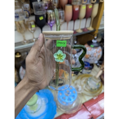 Picture of Premium Borosilicate Square Shape Glass Pookie Mug with Eco-Friendly Bamboo Lid and Reusable Glass Straw for Iced Coffee Juice Milk Tea and Smoothies Perfect for Home Office Use Stylish Green Handle.-Multicolor