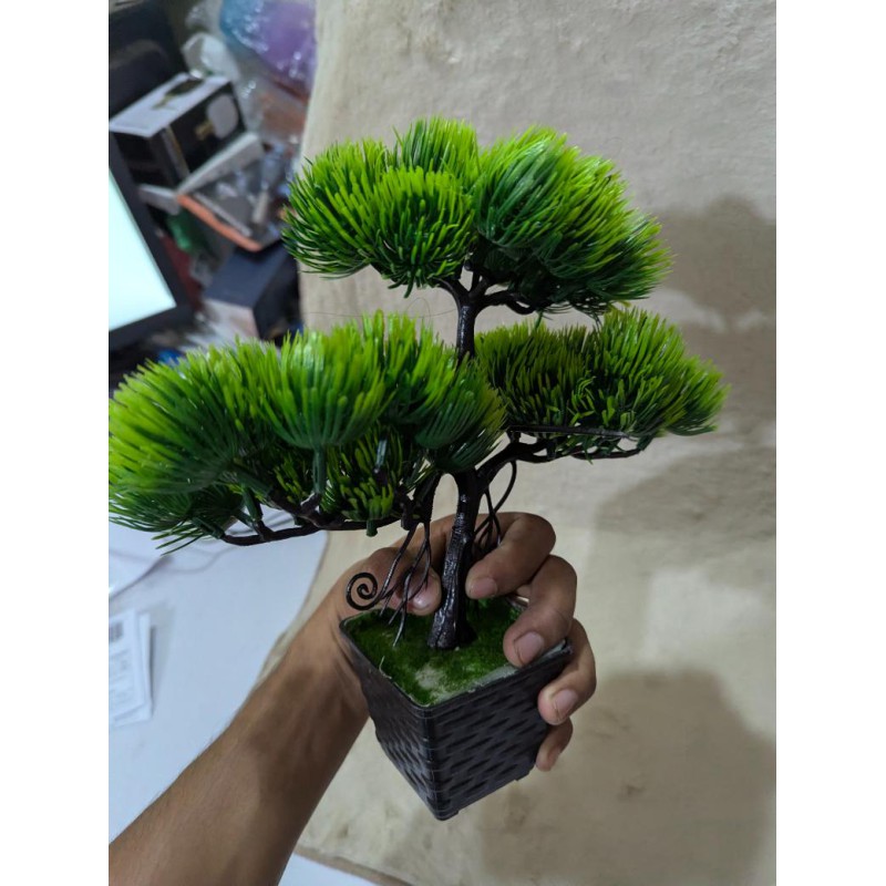 Picture of Artificial Bonsai Pine Tree in Black Decorative Pot – Realistic Faux Greenery for Home Office Desk Decor, Bookshelf, and Indoor Zen Aesthetic Styling-Green