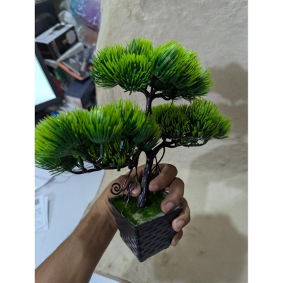 Picture of Artificial Bonsai Pine Tree in Black Decorative Pot – Realistic Faux Greenery for Home Office Desk Decor, Bookshelf, and Indoor Zen Aesthetic Styling-Green