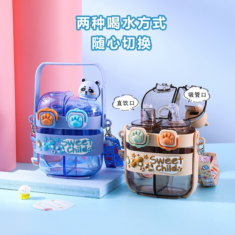 Picture of 500ml Kids Cartoon Panda Water Bottle with Straw | Cute Plastic Drinking Cup for Children | Durable Food Grade Material | Portable Double Drink Mug for School Travel Home Daily Use green-green