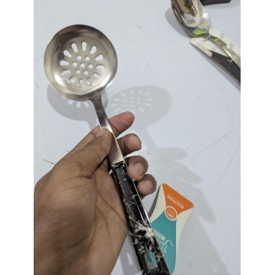 Picture of Premium Yachule Stainless Steel Skimmer Spoon with Faux Marble Heat Resistant Handle for Fine Straining-Silver