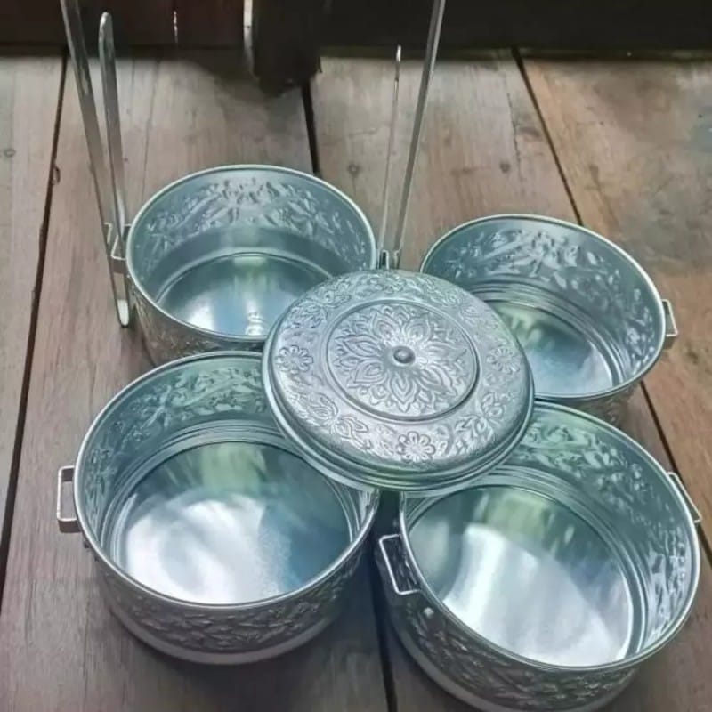 Picture of Food Carrier Thai Decorated 4 Stacks 14cm Aluminium Silver Pinto Sale Promotion-Silver