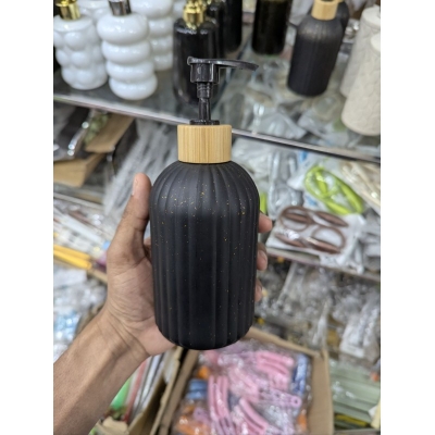 Picture of Premium Matte Black Ribbed Glass Soap Dispenser with Eco-Friendly Bamboo Pump, Elegant 410ml Refillable Countertop Liquid Hand Sanitizer and Dish Soap Bottle for Modern Minimalist Farmhouse Style Kitchen and Luxury Bathroom Decor-Black