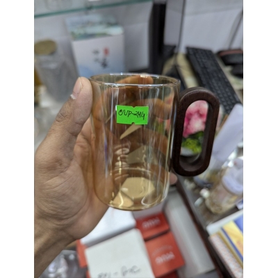 Picture of High Borosilicate Heat Resistant Glass Coffee Mug with Natural  Wood Handle Smoked  Tea Cup for Modern Kitchen Decor Minimalistic Style Drinking Glassware for Hot and Cold Beverages Daily.-Gold