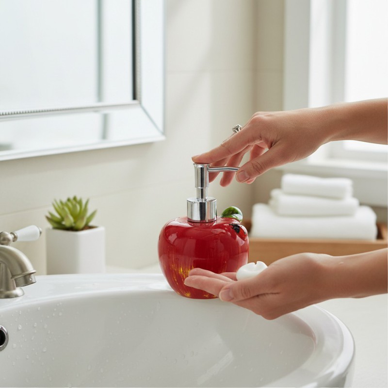 Picture of Premium red apple-shaped ceramic soap dispenser for bathroom vanity decor featuring a durable rust-proof pump and refillable liquid hand soap container designed to add a stylish touch to your modern kitchen sink.-Red
