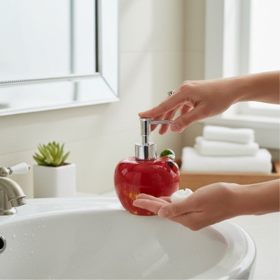 Picture of Premium red apple-shaped ceramic soap dispenser for bathroom vanity decor featuring a durable rust-proof pump and refillable liquid hand soap container designed to add a stylish touch to your modern kitchen sink.-Red