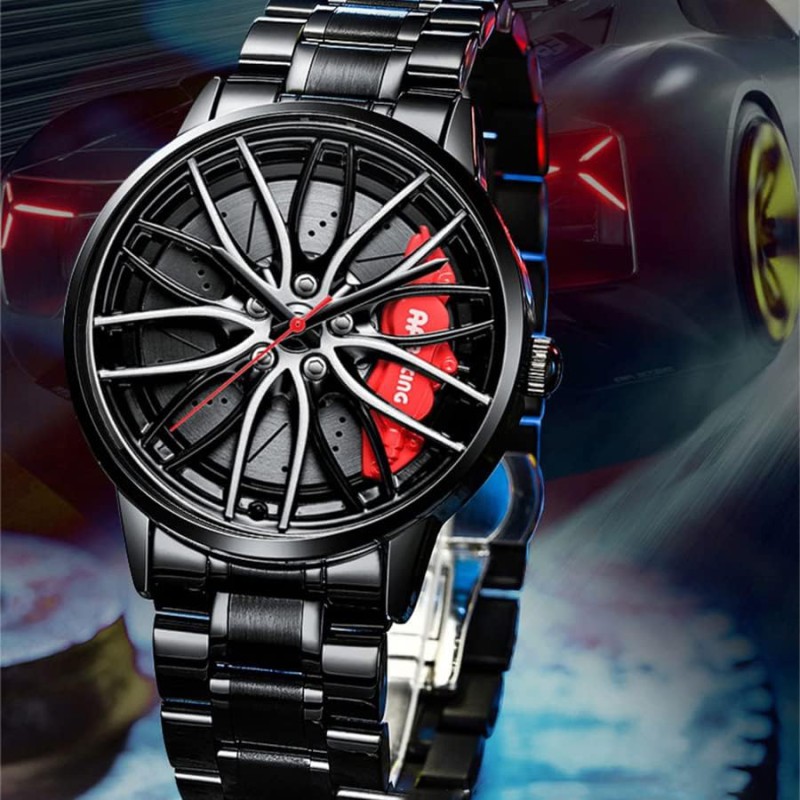Picture of Premium Car Wheel Rim Hub Design Men's Quartz Wrist Watch with Waterproof Stainless Steel Strap, 3D Rotating Dial, Sporty Aesthetic, and High-Precision Timekeeping for Automotive Enthusiasts and Modern Fashion Lovers.-Black