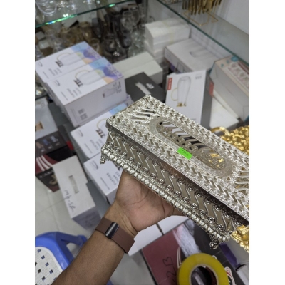 Picture of Ornate Silver Plated Filigree Metal Tissue Box Holder Luxury European Vintage Style Rectangular Napkin Case for Elegant Home Decor Living Room Bathroom Office Vanity Countertop Decorative Accessories for Gifting Purpose.-Silver