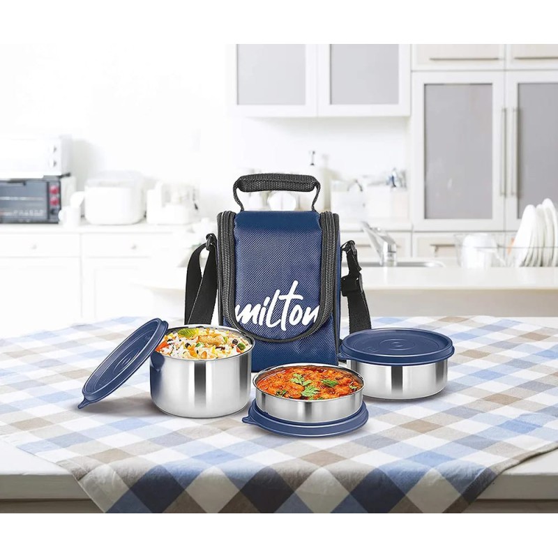 Picture of Milton Tasty 4 Stainless Steel Lunch Box with bag, blue 3 in 1. 200,320 & 500 ml-Blue