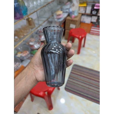 Picture of Exquisite Hand-Blown Murano Style Art Glass Vase Featuring Elegant Vertical Red and Black A Canne Striped Design with Ribbed Texture and Scalloped Rim for Sophisticated Mid-Century Modern Home Interior Decorative Centerpiece Displays-Multicolor