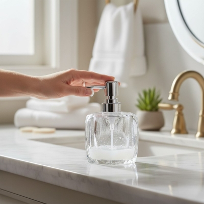 Picture of Premium Marsella white solid acrylic soap dispenser featuring a sleek chrome-finished pump mechanism perfect for enhancing your bathroom vanity decor or modern kitchen sink countertop with a sophisticated and durable touch.-white