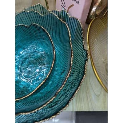 Picture of Premium 3-Piece Golden Rim Glass Serving Bowl Set Featuring Elegant Petal Shaped Flower Design, Vibrant Teal Blue Crystal Glass, and Decorative Wavy Ribbed Texture for Stylish Salads, Fruits, Desserts, and Luxury Table Decor-Multicolor